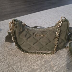 Steve Madden Olive Quilted Shoulder Bag with Gold Chain Accent
